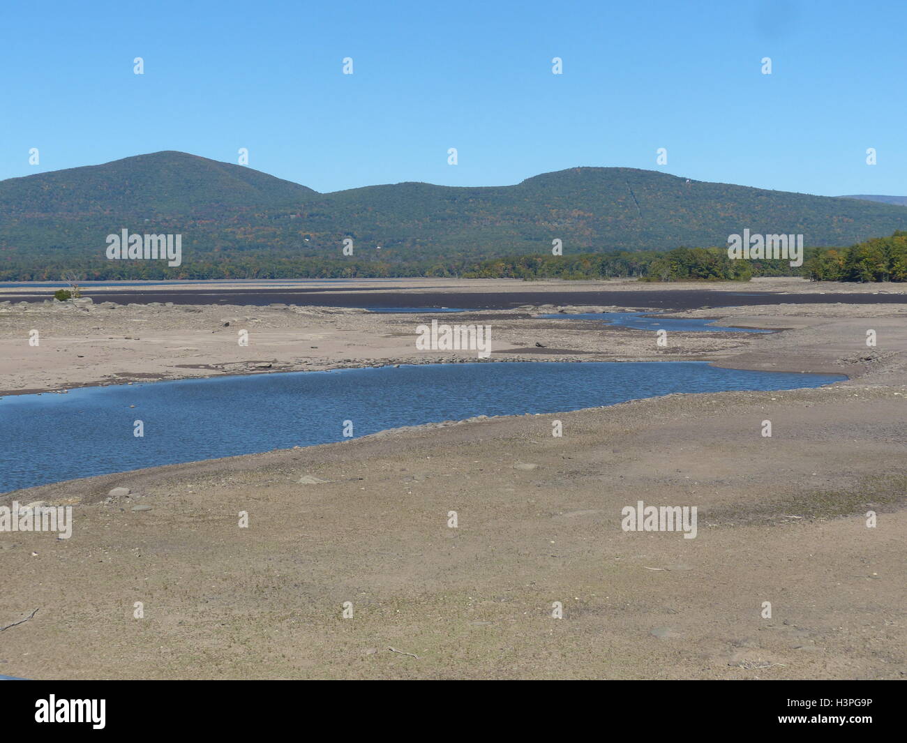 Ashokan Reservoir with only 60% capacity due to drought. This lake is one of several in Upstate New York. NYC water supply Stock Photo