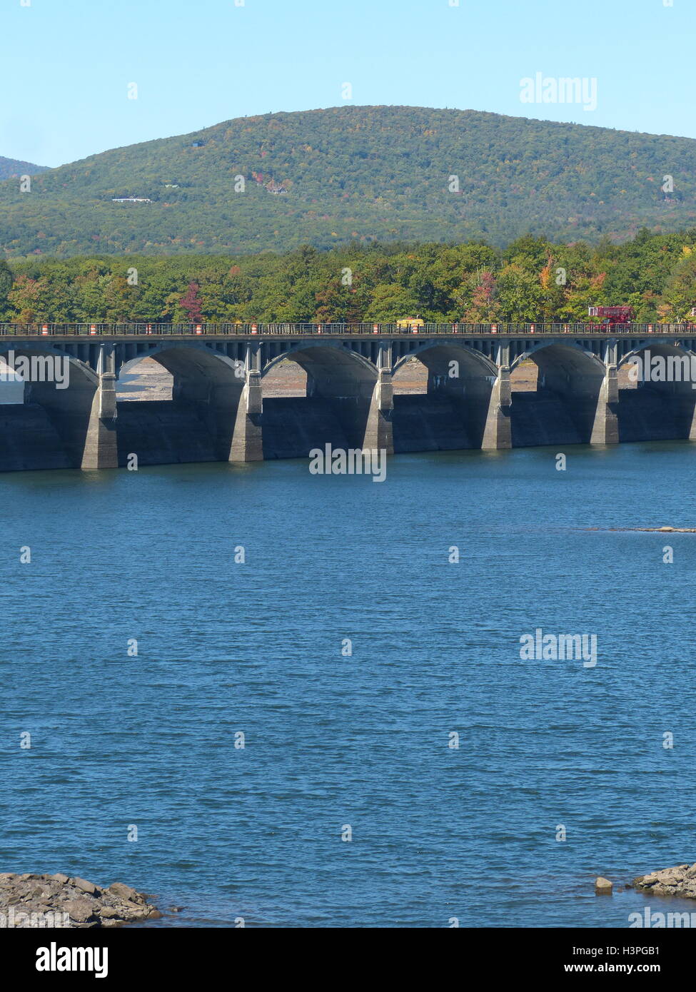 Ashokan Reservoir with only 60% capacity due to drought. This lake is one of several in Upstate New York. NYC water supply Stock Photo