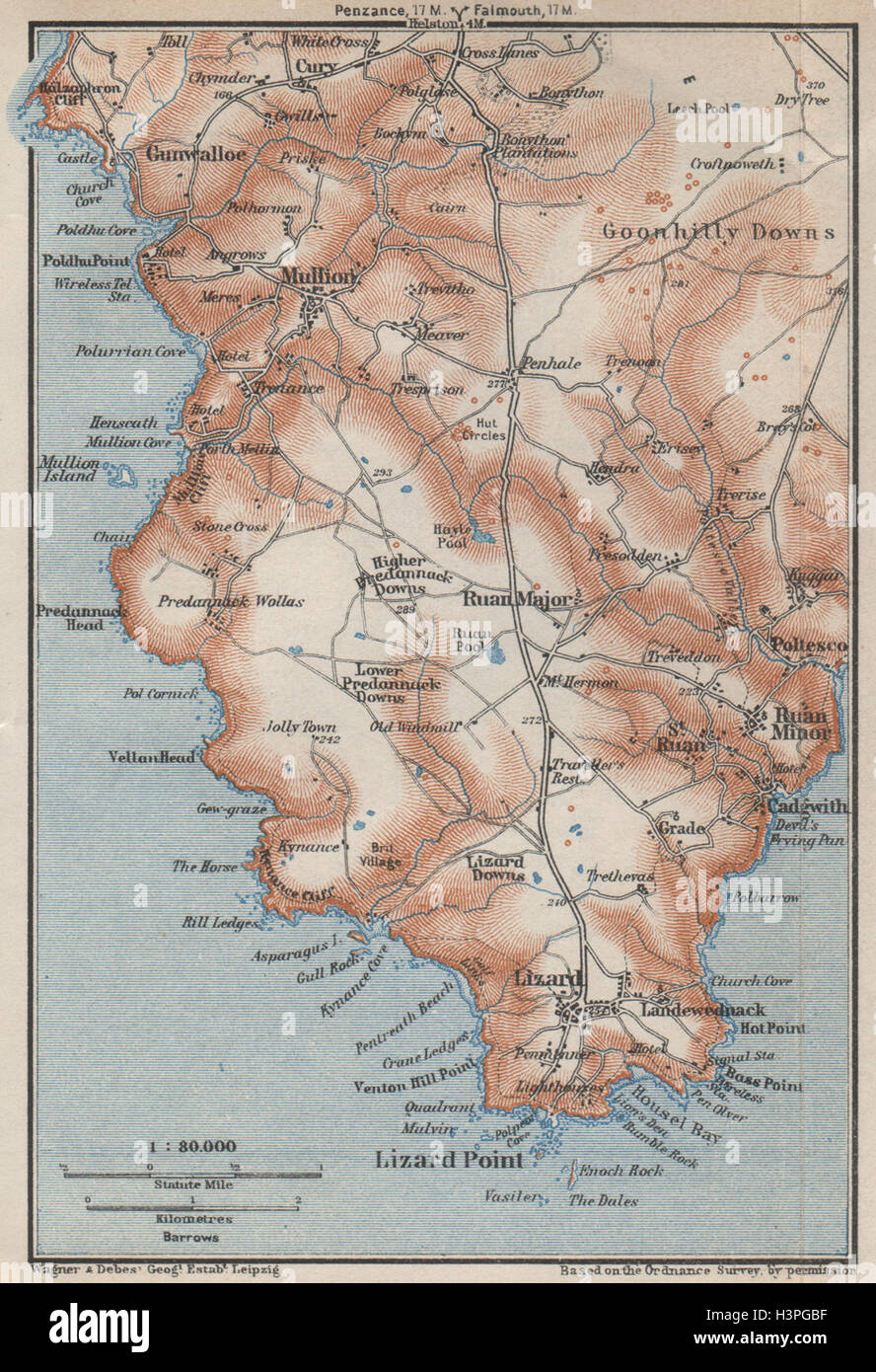 Mullion Ruan Goonhilly Downs topo-map Cornwall 1910 THE LIZARD PENINSULA