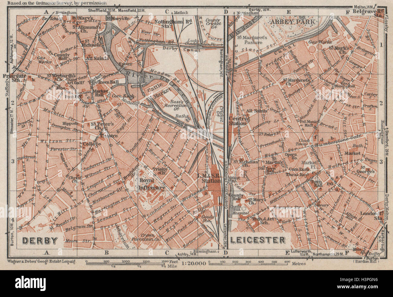 DERBY & LEICESTER antique town city plans. Midlands. BAEDEKER 1927 old map Stock Photo