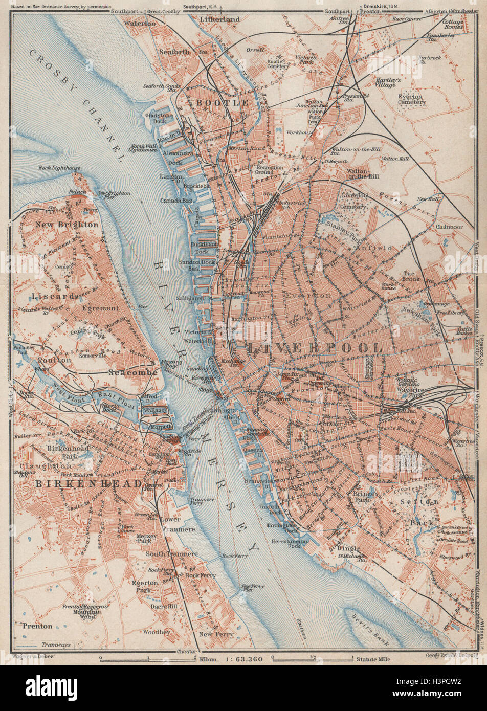 MERSEYSIDE. LIVERPOOL & BIRKENHEAD town city plan. Bootle Everton 1927 old map Stock Photo