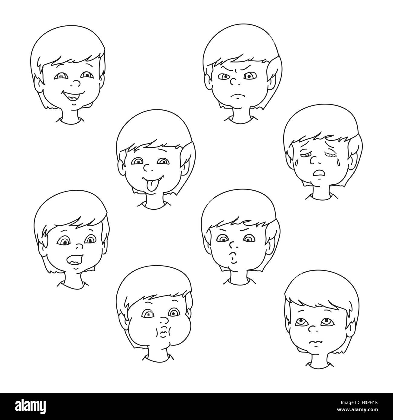 Child face emotion gestures, black and white vector illustration, set collection. Boy smiling, laughing, angry, crying, showing  Stock Vector