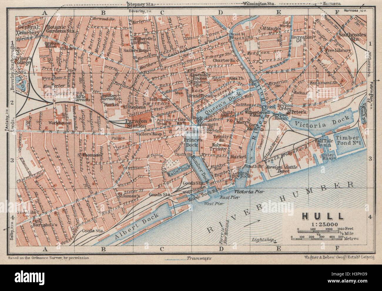 Yorkshire KINGSTON-UPON-HULL antique town city centre plan BAEDEKER 1910 map 