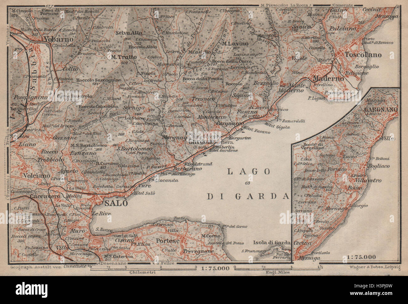 SALO MADERNO GARGNANO environs. Lago di/Lake Garda. Brescia. BAEDEKER 1903 map Stock Photo