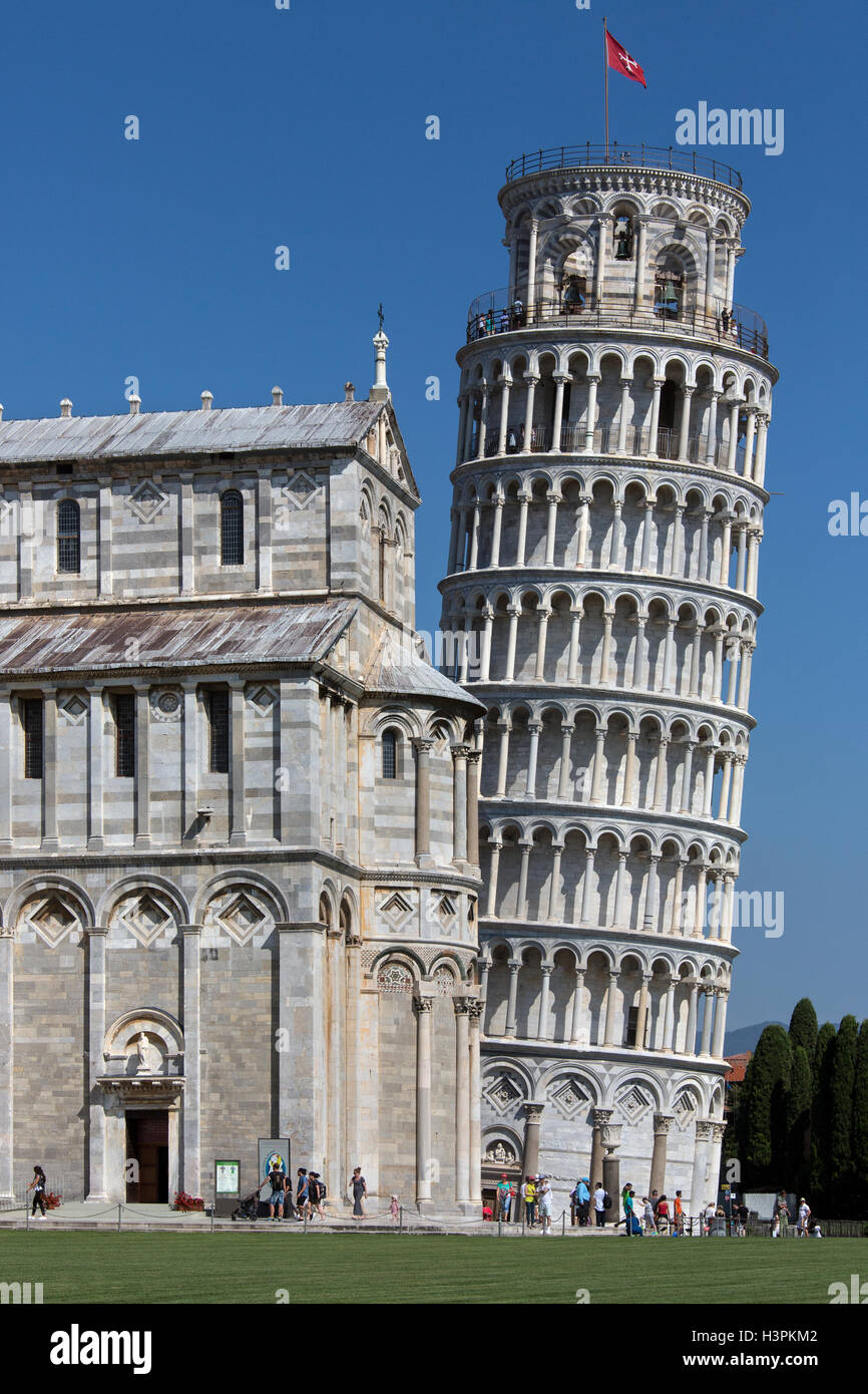 The Leaning Tower of Pisa, is the most famous image of the city of Pisa in Italy. Stock Photo