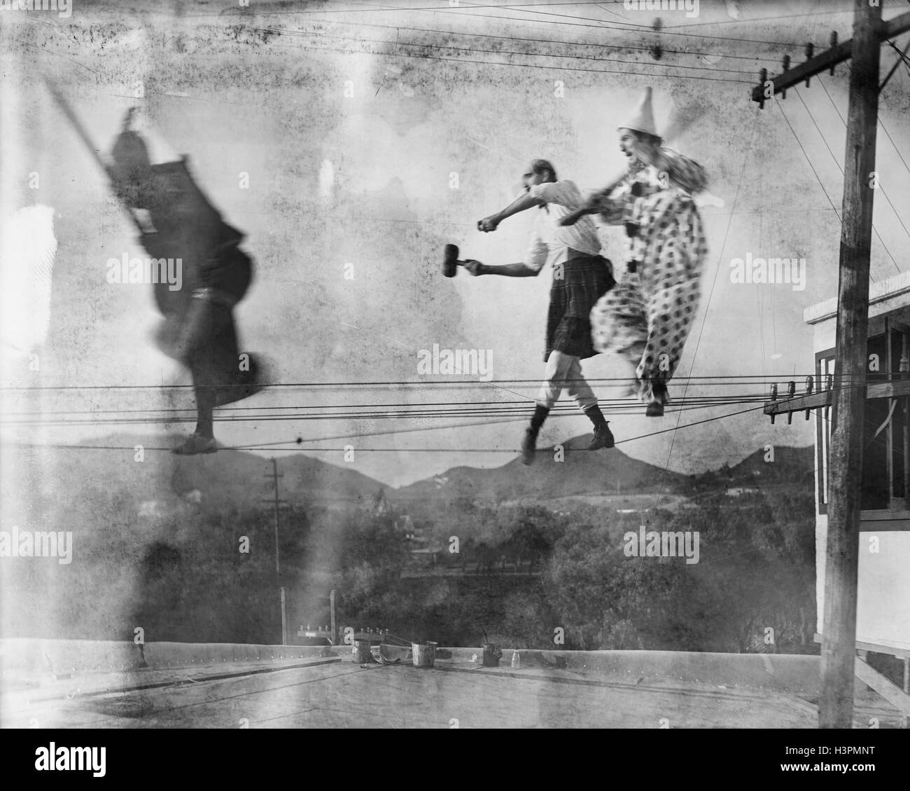 Woman on tightrope (black and white) hires stock photography and