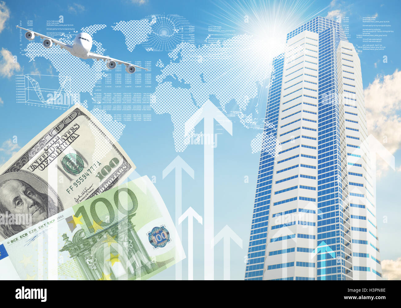 Airplane with background of skyscrapers and arrows Stock Photo - Alamy