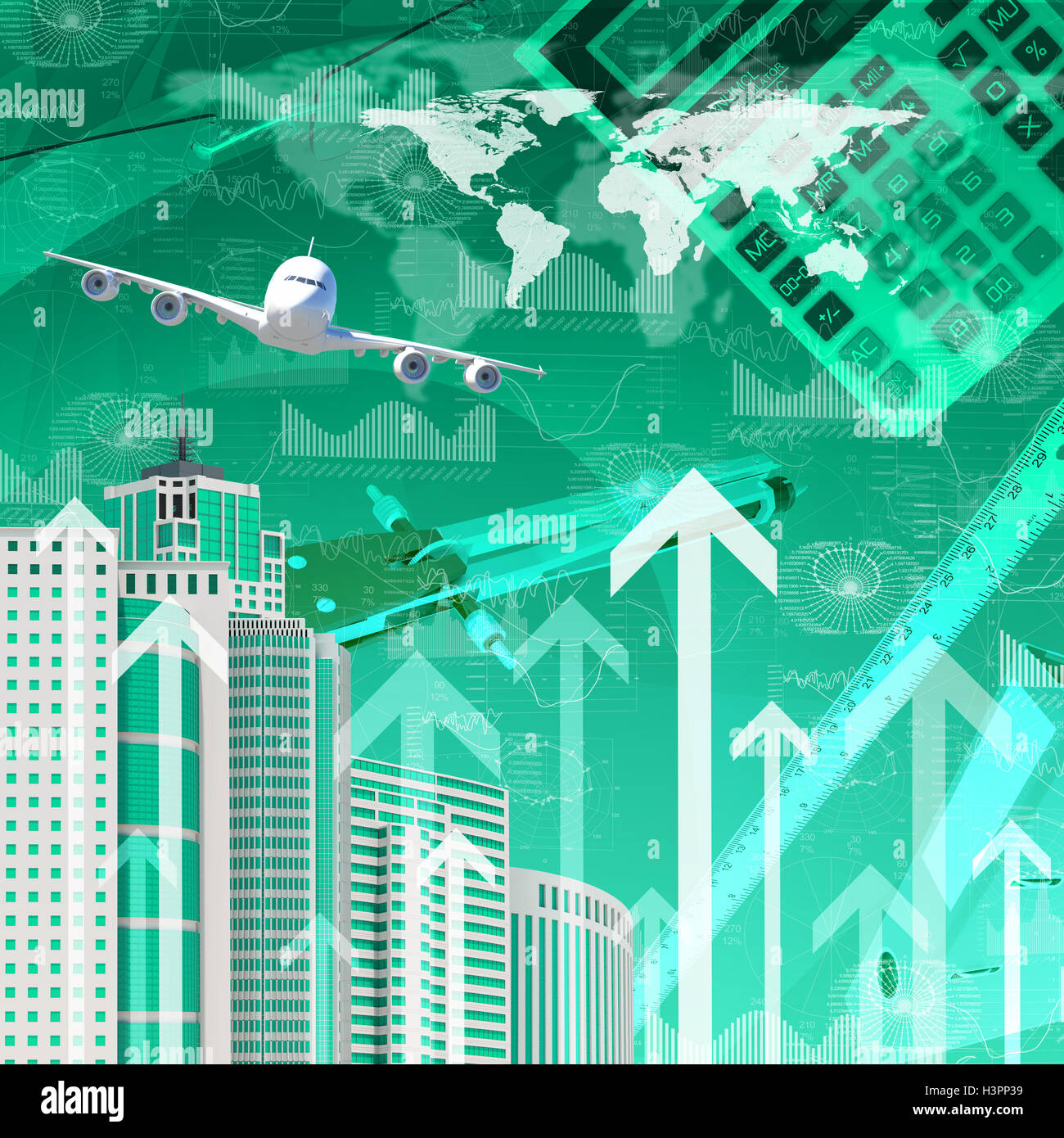 Airplane with background of skyscrapers and arrows Stock Photo - Alamy