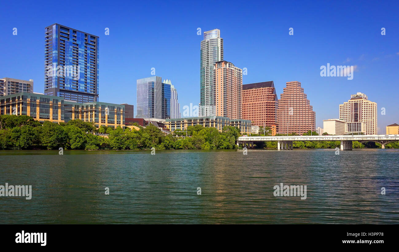 Downtown Austin, Texas cityscape with the Colorado River in the foreground Stock Photo