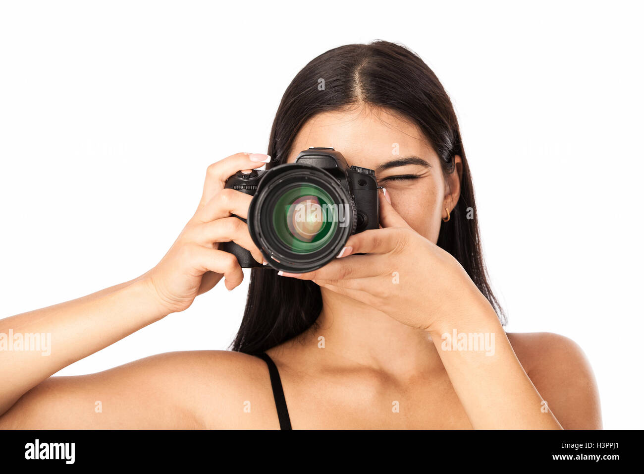 Closeup portrait of a young woman holding a camera Stock Photo - Alamy