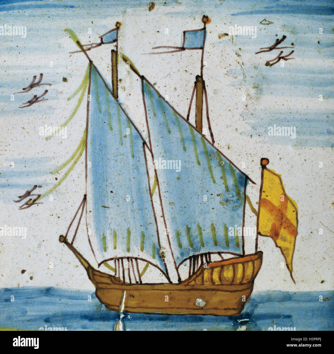 History of navigation. Tile depicting a two-masted sailboat with unfurled sails and flag at the stern. 18th century. Polychrome Catalan ceramic belonging to so-called Golden Age of Catalan and Barcelona pottery. Diocesan Museum of Barcelona. Spain. Stock Photo