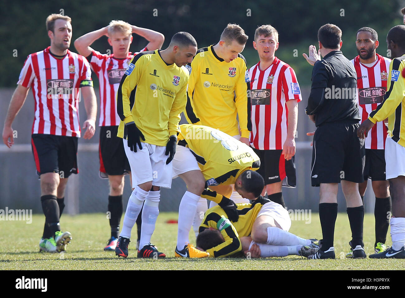 Joey May of Hornchurch (3rd R) is sent off by referee John Hopkins - AFC Hornchurch vs Bromley - Blue Square Conference South Football at The Stadium, Upminster Bridge, Essex - 01/04/13 Stock Photo