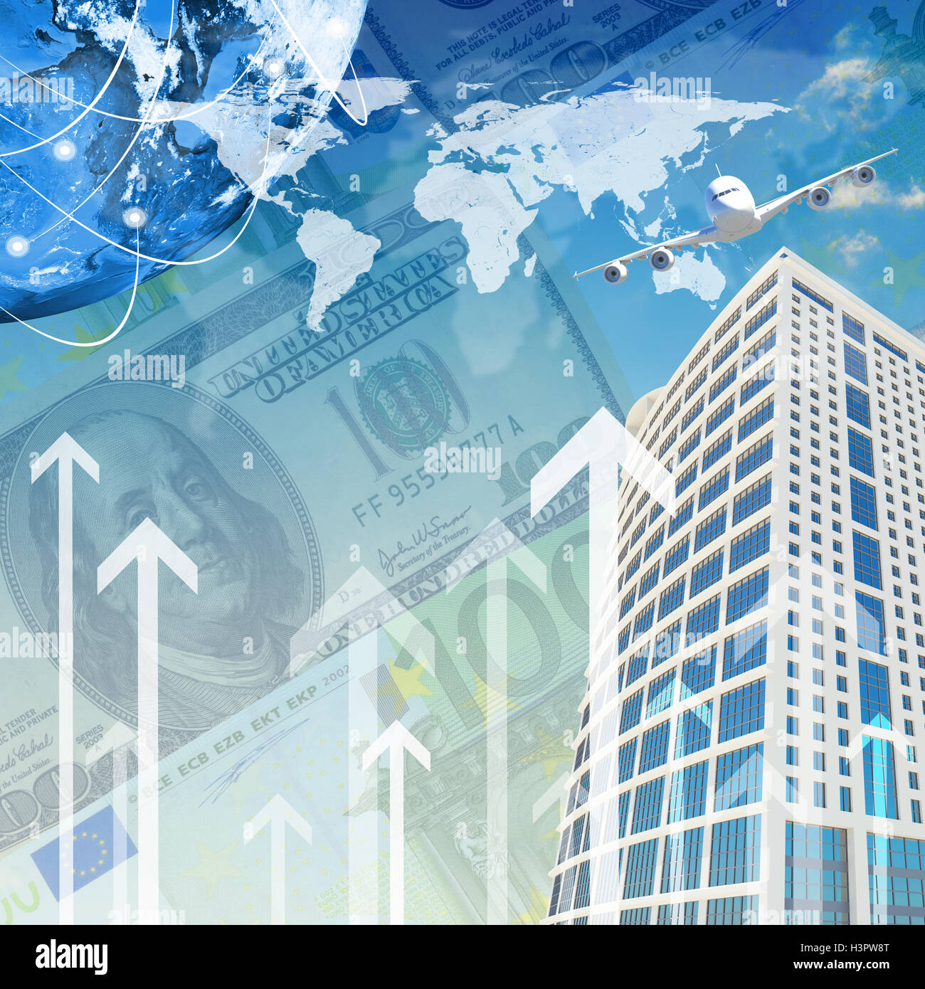 Airplane with background of skyscrapers and Earth Stock Photo - Alamy