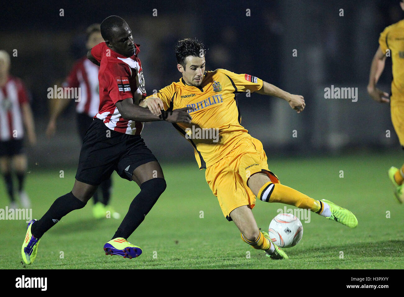 Tom Mills of Maidstone holds off Tobi Joseph of Hornchurch - AFC Hornchurch  vs Maidstone United - Ryman League Premier Division Football at Mill Field,  Aveley FC, Aveley, Essex - 02/09/14 Stock Photo - Alamy