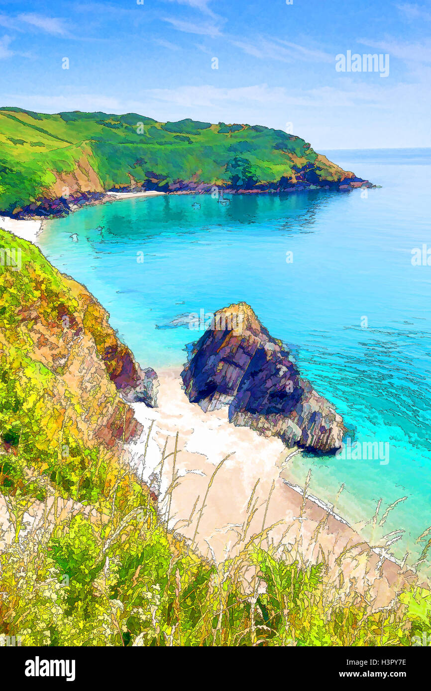 Lantic Bay Cornwall England near Fowey and Polruan with turquoise and blue sea bright vivid colours illustration Stock Photo