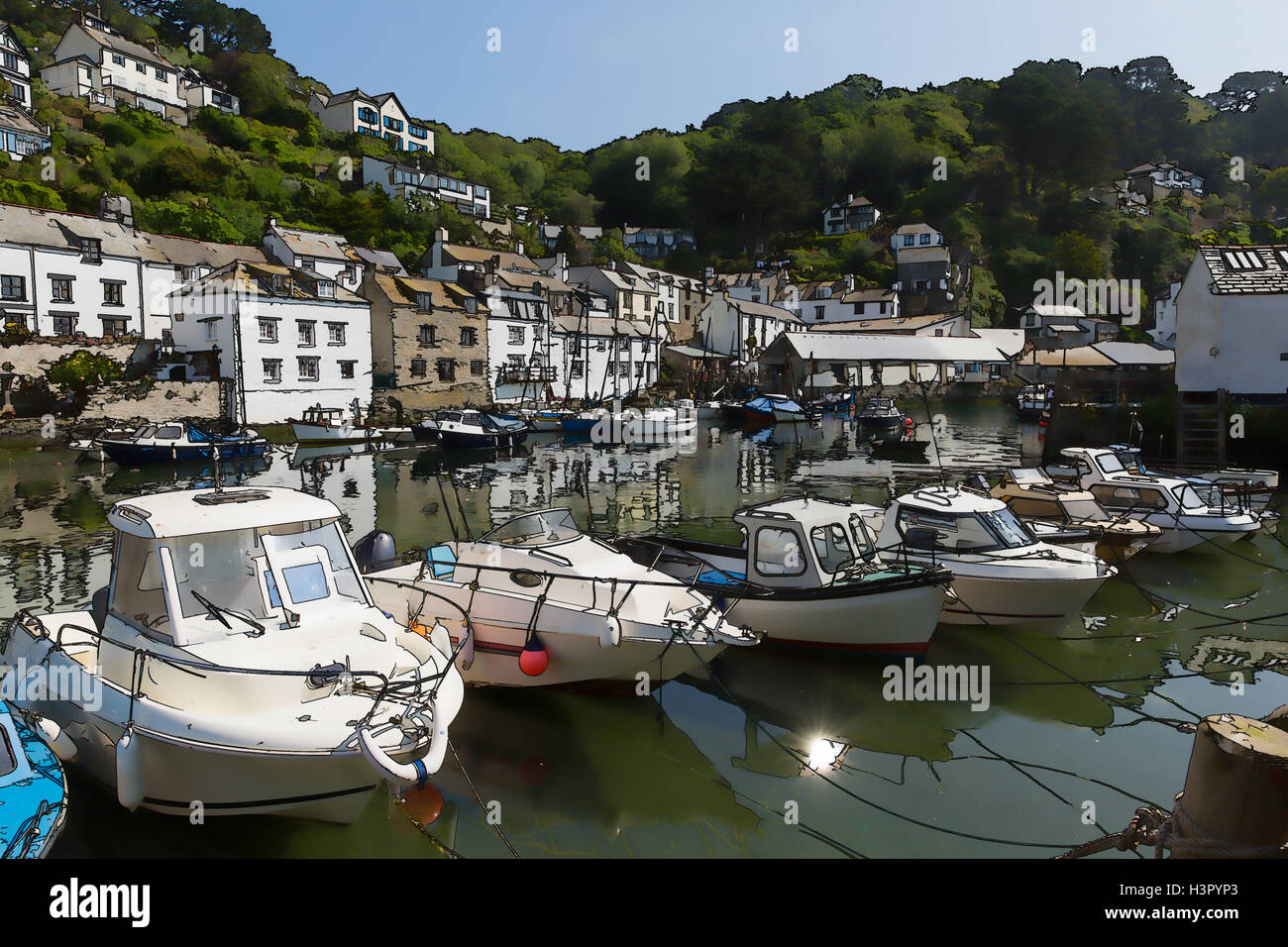 Boats in Polperro harbour Cornwall UK illustration in summer Stock Photo