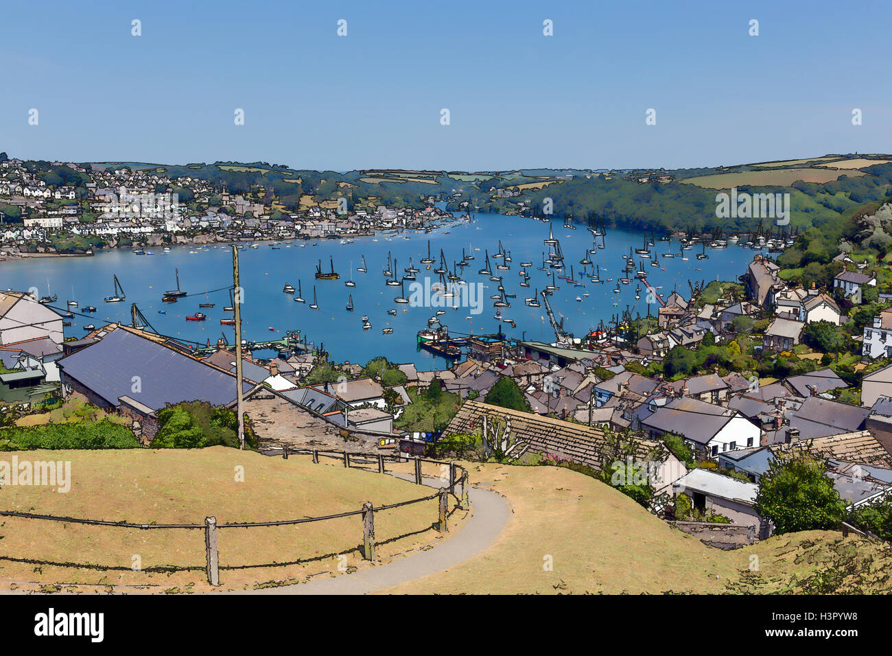 Yachts on river Fowey Cornwall from Polruan in summer illustration Stock Photo