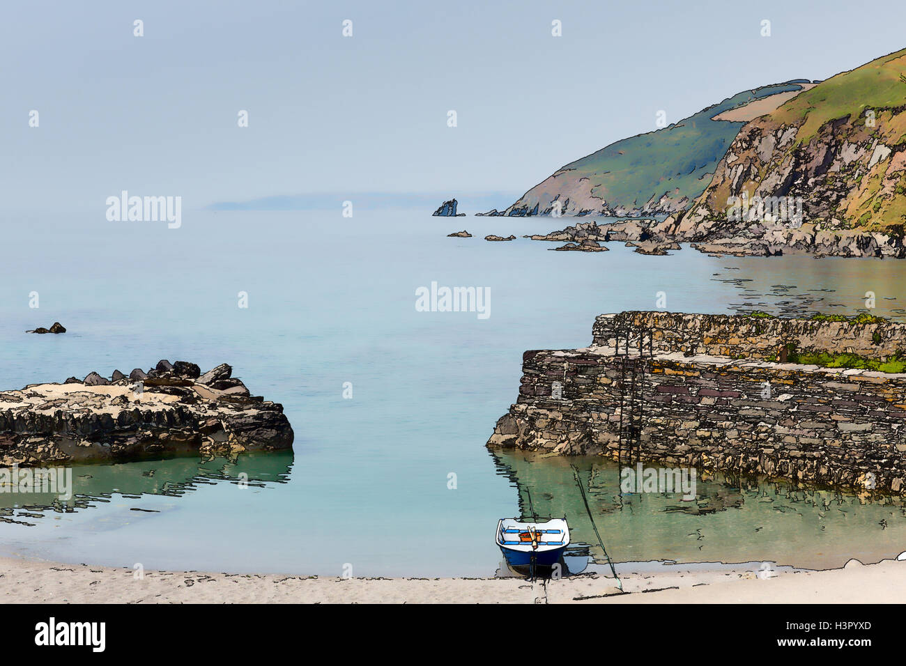 Tiny harbour with one boat and calm sea Portwrinkle near Looe Cornwall England uk illustration Stock Photo