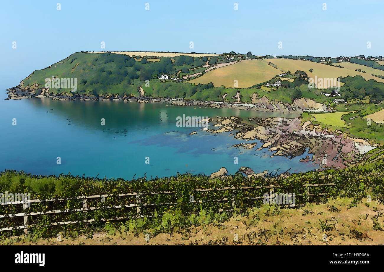 Talland Bay Cornwall England UK on a beautiful blue sky sunny day bright colours illustration Stock Photo