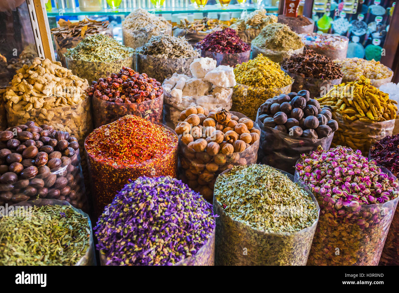 dried herbs flowers spices in the spice souq at Deira Stock Photo