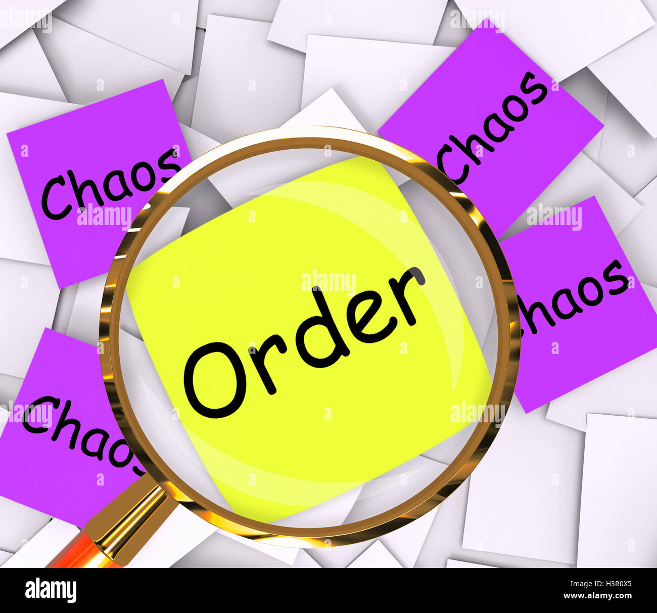 Order Chaos Post-It Papers Show Organized Or Confused Stock Photo