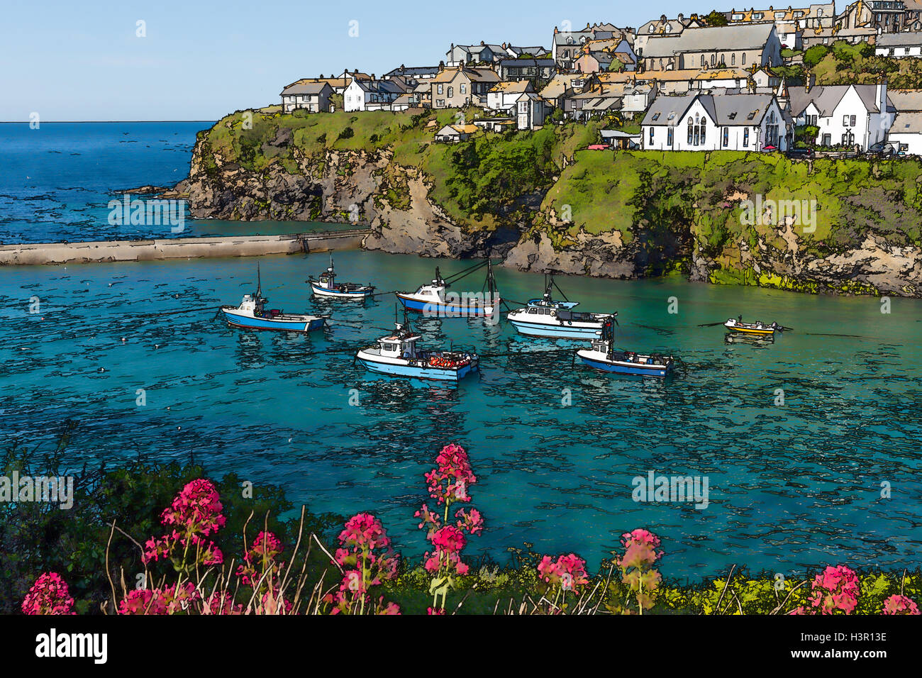 Boats in Port Isaac harbour Cornwall England UK with blue sea and boats in summer illustration like cartoon effect Stock Photo