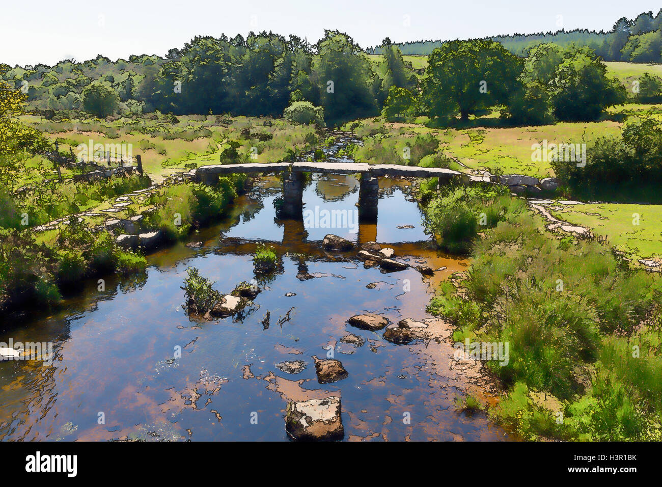 Postbridge ancient clapper bridge at in Dartmoor National Park Devon England UK bright colours illustration like cartoon effect Stock Photo