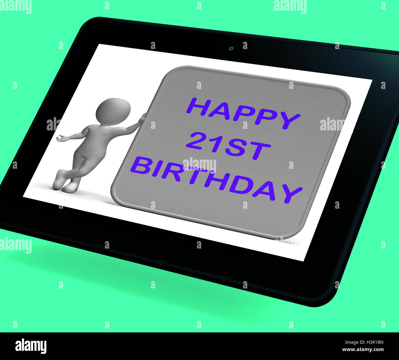 Happy 21st Birthday Tablet Means Congratulations On Turning Twen Stock Photo
