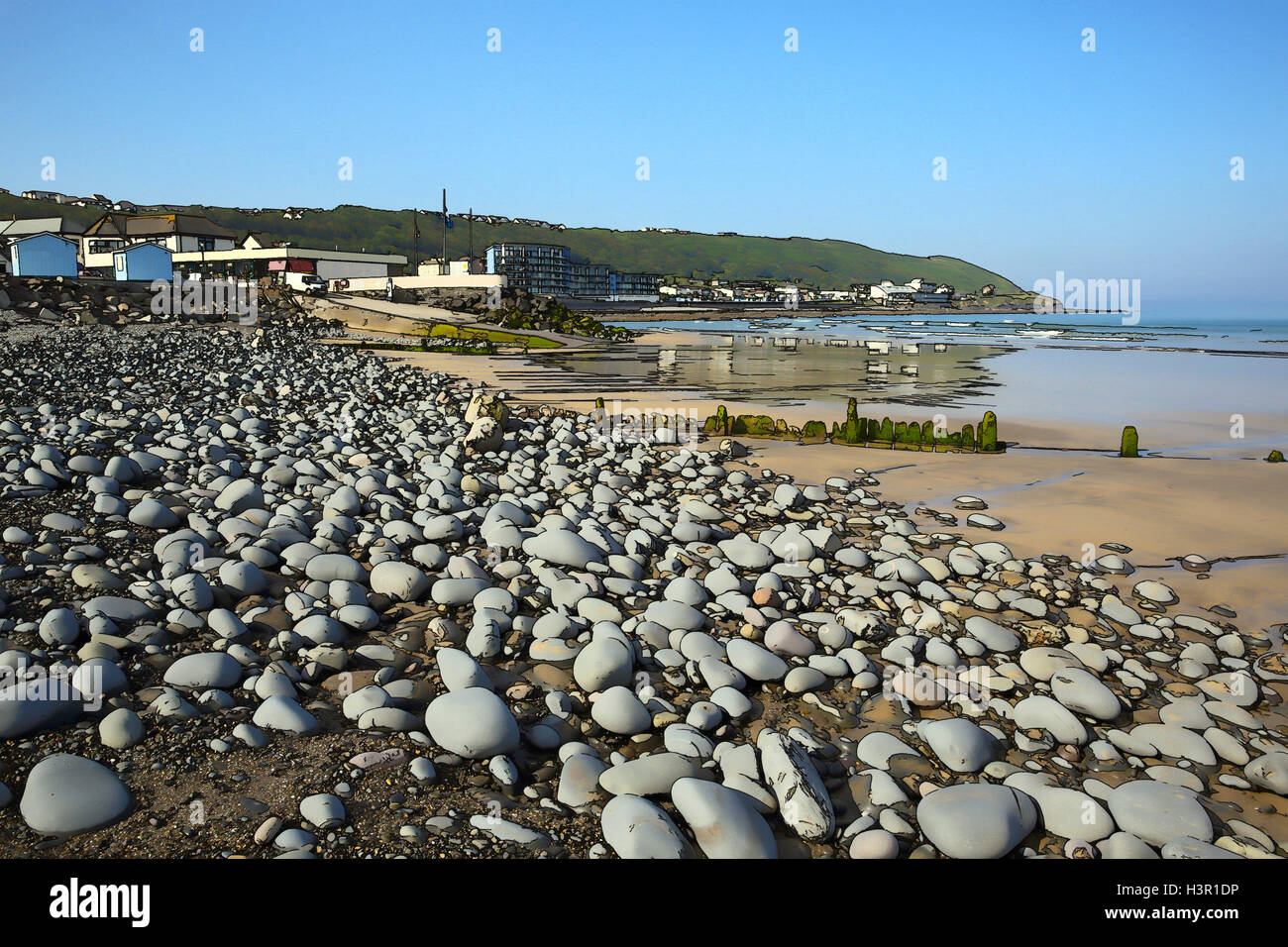 Westward Ho Devon England uk beach pebbles and coast illustration Stock Photo