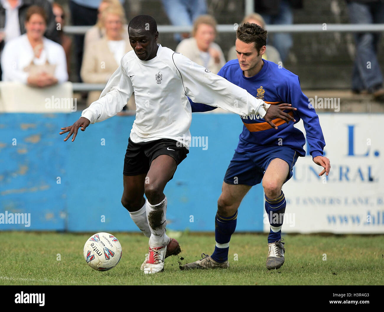 Michael Begg of Brentwood Town FC (L) in action against Romford's Paul Clayton - 07/05/07. Stock Photo