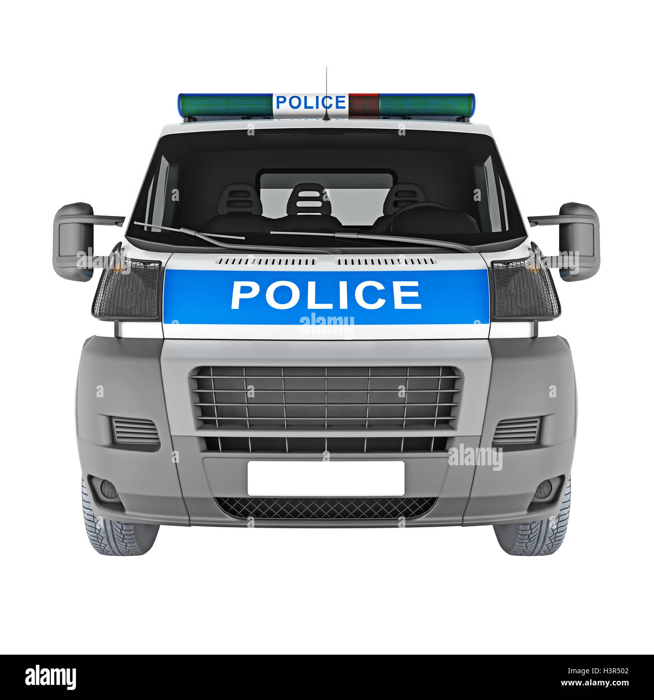 Police car front view isolated on white. 3D rendering Stock Photo
