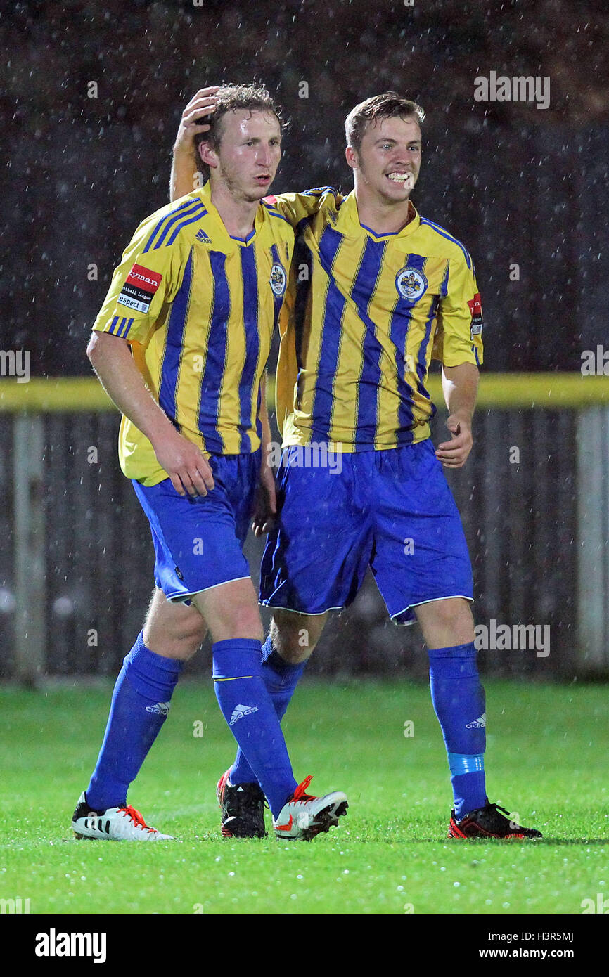 Eddie Hart of Romford (L) is congratulated on scoring the third goal for his team by Robbie