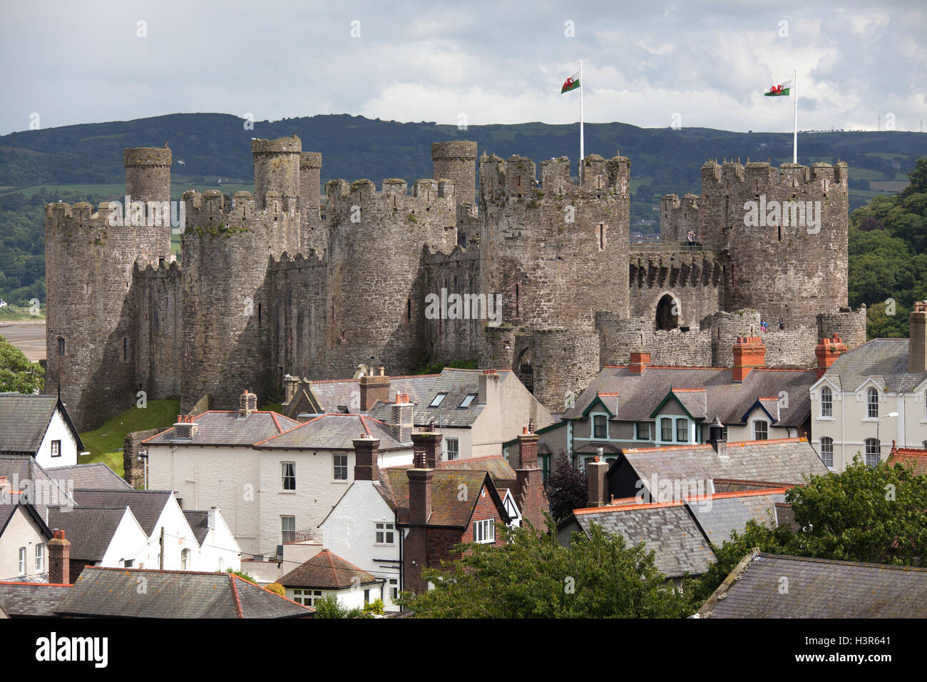 Town of Conwy, Wales. Picturesque view of the north and west façades and towers of Conwy Castle. Stock Photo