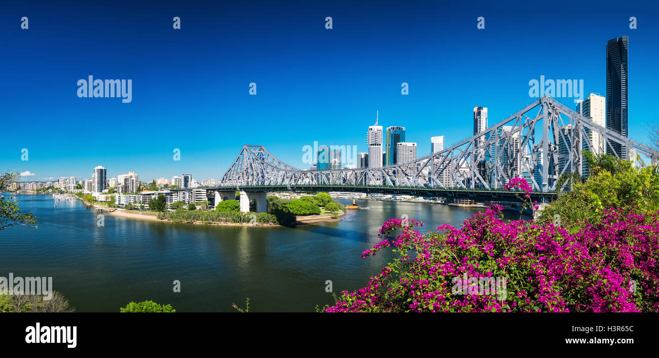 BRISBANE, AUS - AUGUST 9 2016: Panoramic view of Brisbane Skyline with Story Bridge and the river. It is Australias third larges Stock Photo