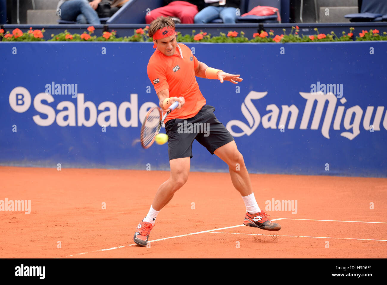 BARCELONA - APR 22: David Ferrer (Spanish tennis player) plays at the ATP Barcelona Open Banc Sabadell. Stock Photo
