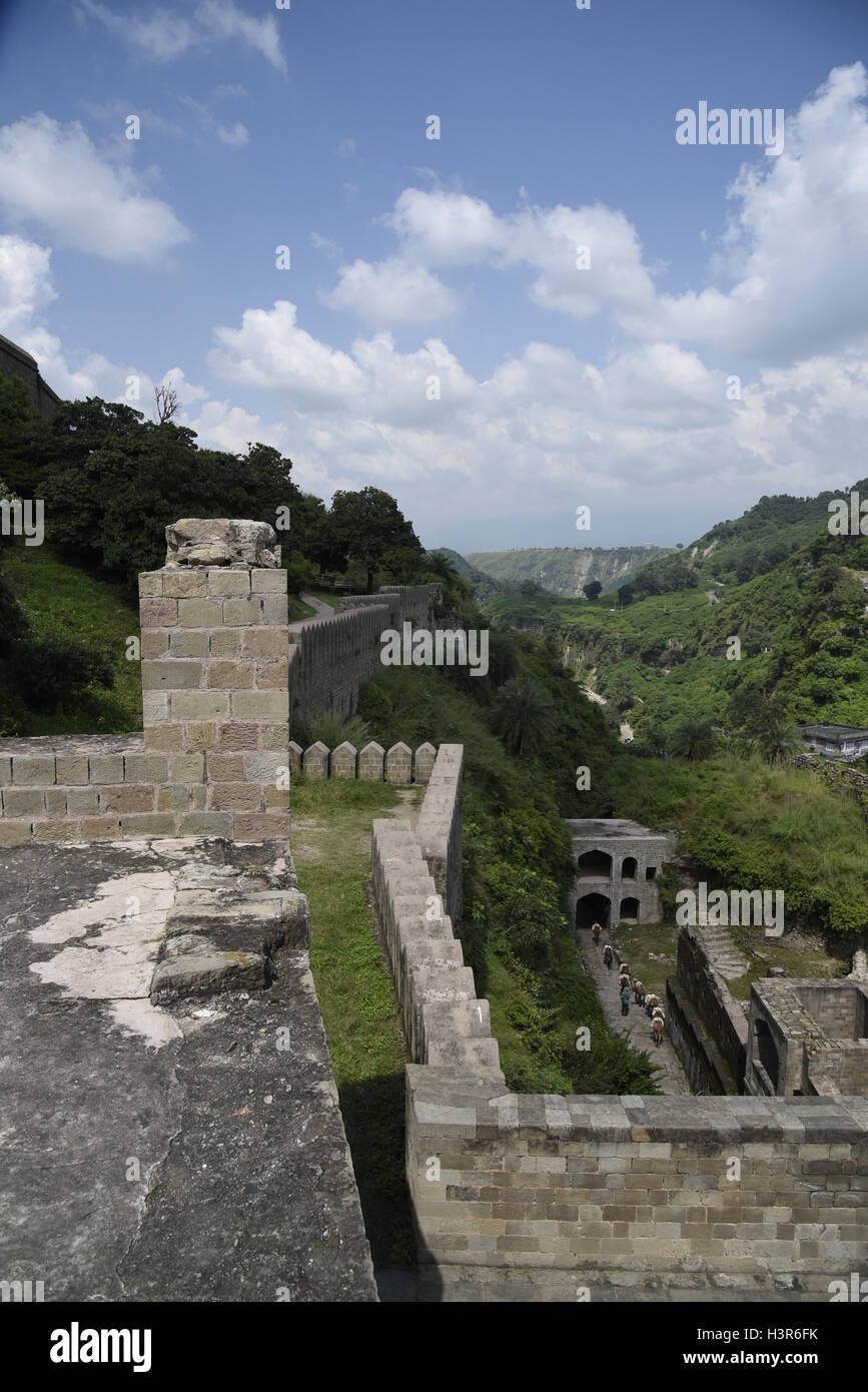 The historical architecture Kangra Fort is located 20 kilometers from the town of Dharamsala on the outskirts of Kangra, India. Stock Photo