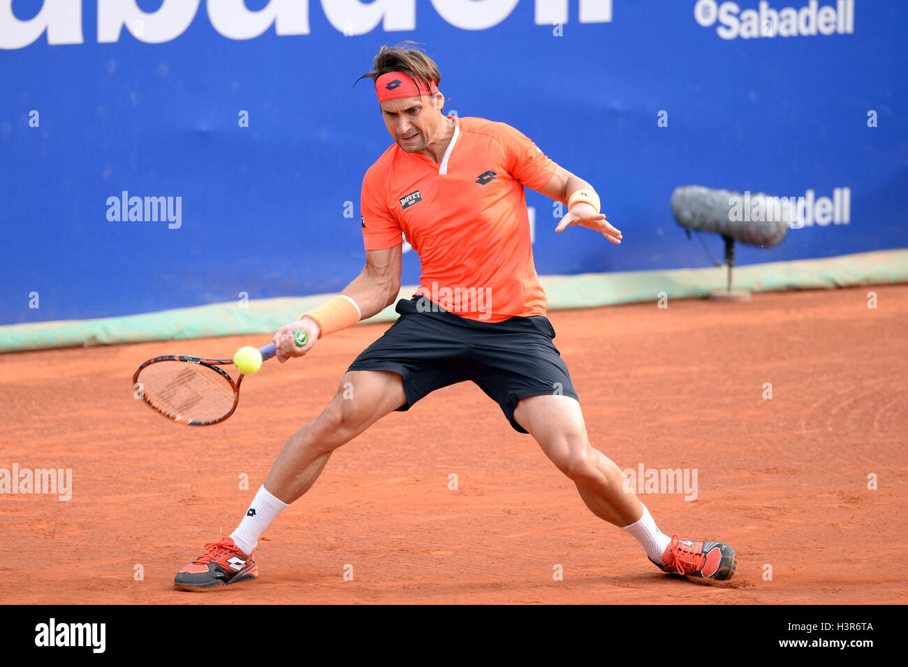BARCELONA - APR 24: David Ferrer (Spanish tennis player) celebrates a victory at the ATP Barcelona Open Banc Sabadell. Stock Photo