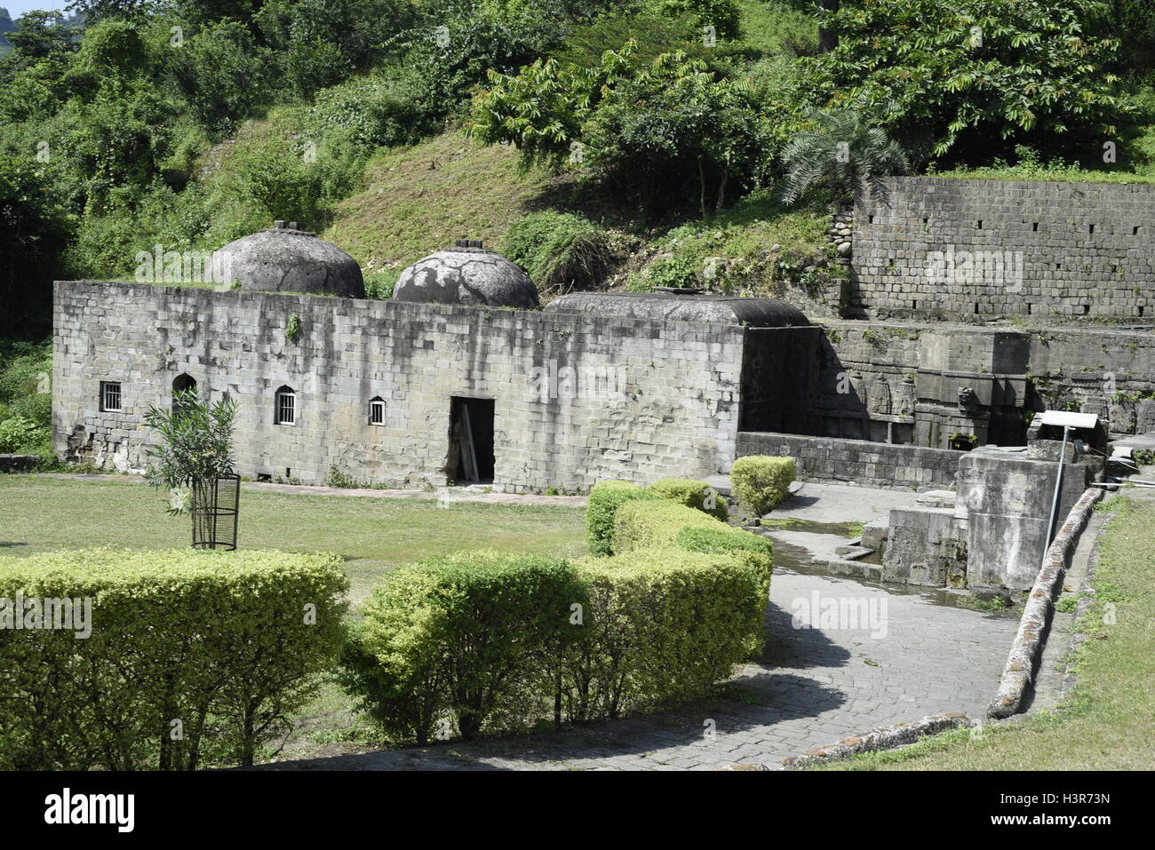 The historical architecture Kangra Fort is located 20 kilometers from the town of Dharamsala on the outskirts of Kangra, India. Stock Photo