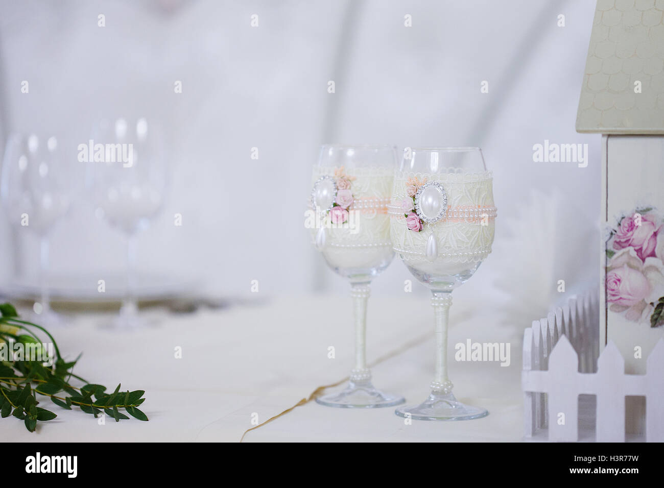 beautiful glasses of champagne and wine, wedding decor, celebration