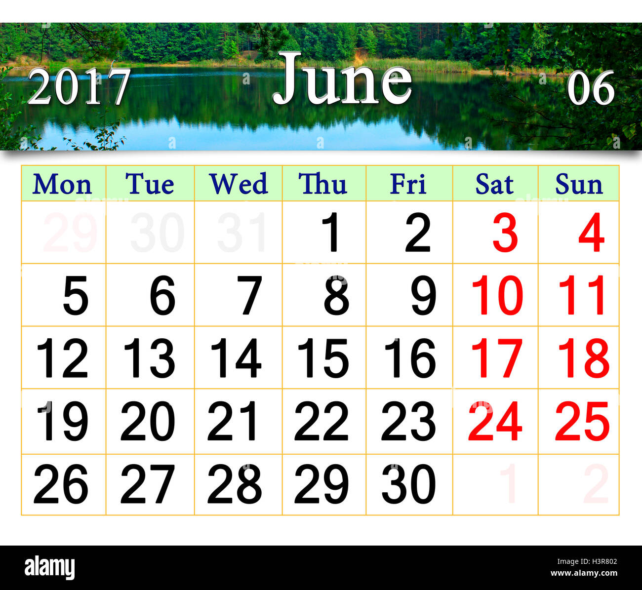 calendar for June 2016 on the background of forest lake. Calendar for