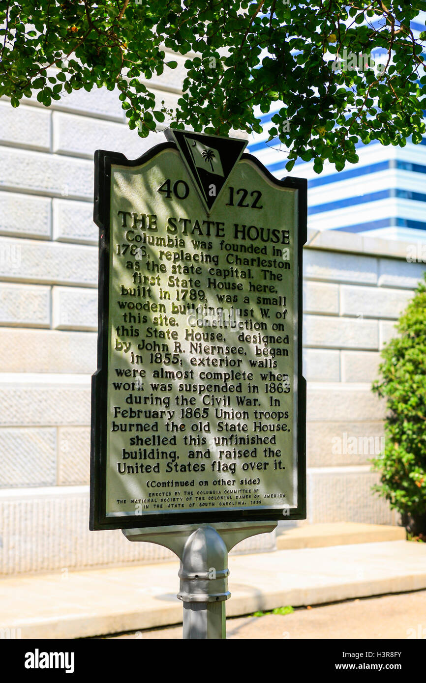 Historic plaque dedicated to the history of the South Carolina State Capitol building in Columbia Stock Photo