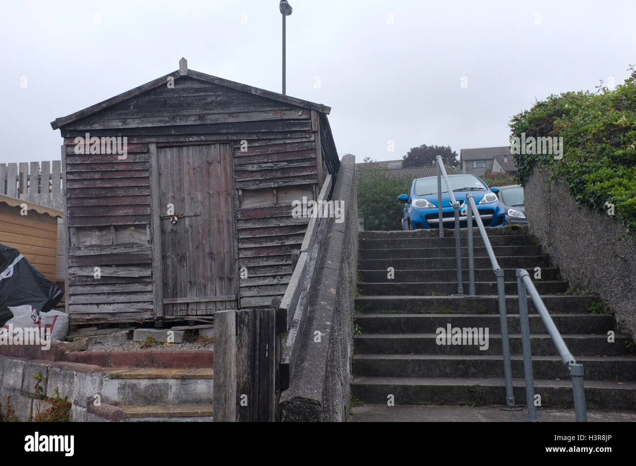 A shed on a housing estate in Cornwall Stock Photo