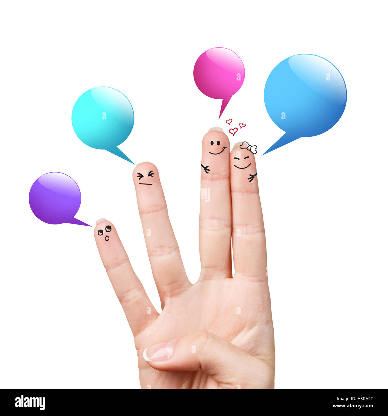 Happy finger smileys with colorful speech bubbles over white background Stock Photo