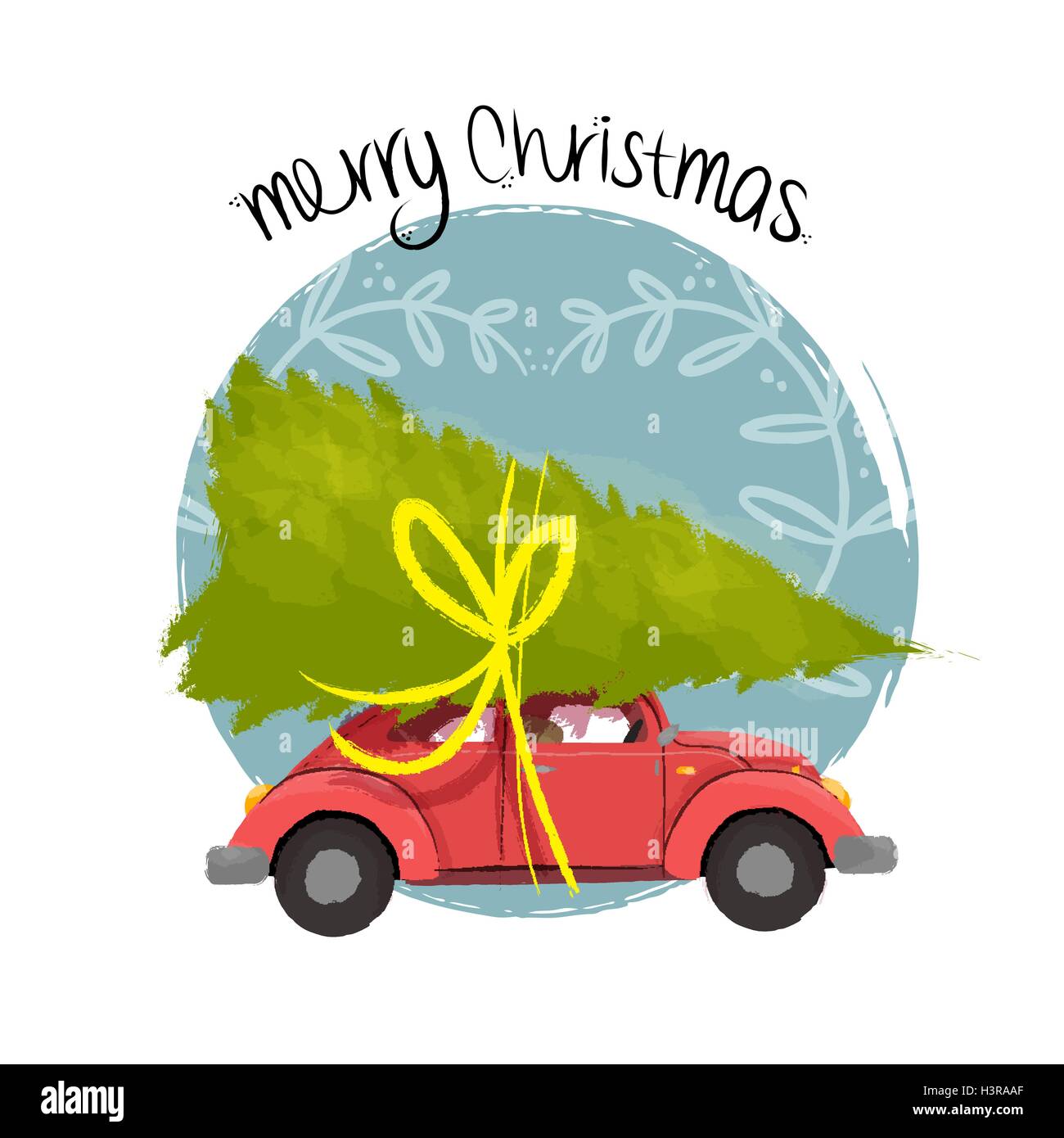 Merry christmas hand drawn illustration of vintage red car with xmas pine tree gift on roof. EPS10 vector. Stock Vector