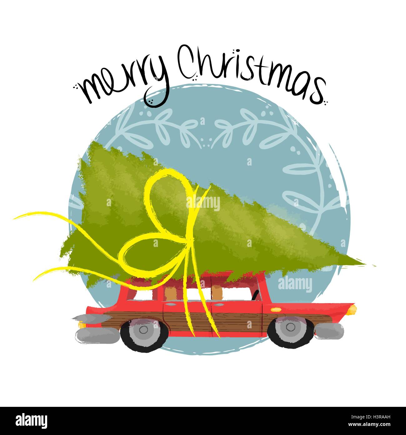 Merry christmas vintage xmas car hand drawn illustration with pine tree gift. EPS10 vector. Stock Vector