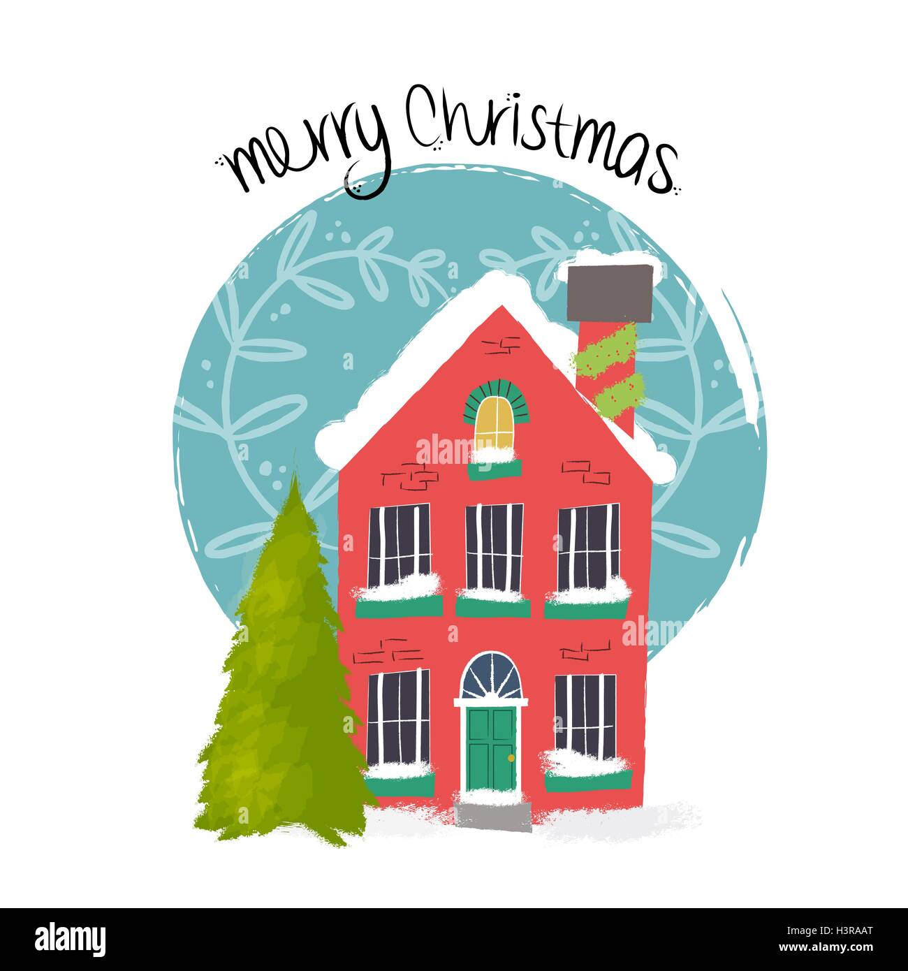 Hand drawn merry christmas illustration with colorful decorated house covered in snow. EPS10 vector. Stock Vector