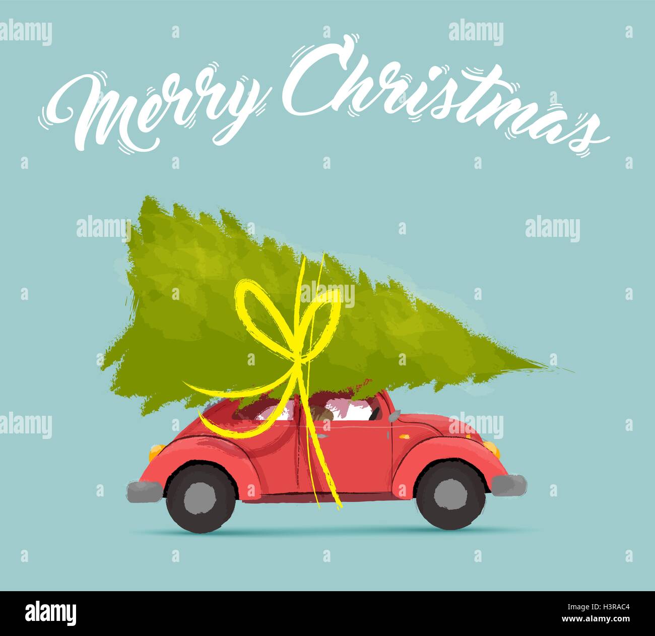 Merry christmas greeting card illustration of vintage red car with xmas pine tree gift on roof. EPS10 vector. Stock Vector