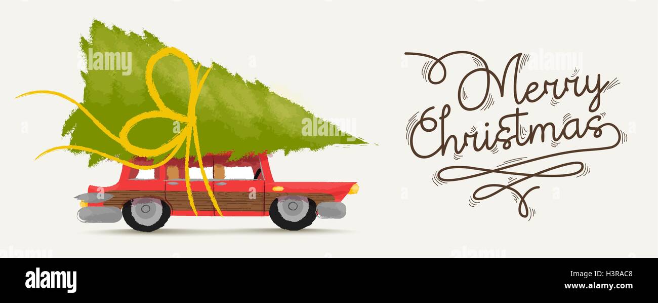 Merry christmas greeting card illustration of vintage red car with xmas pine tree gift on roof. EPS10 vector. Stock Vector
