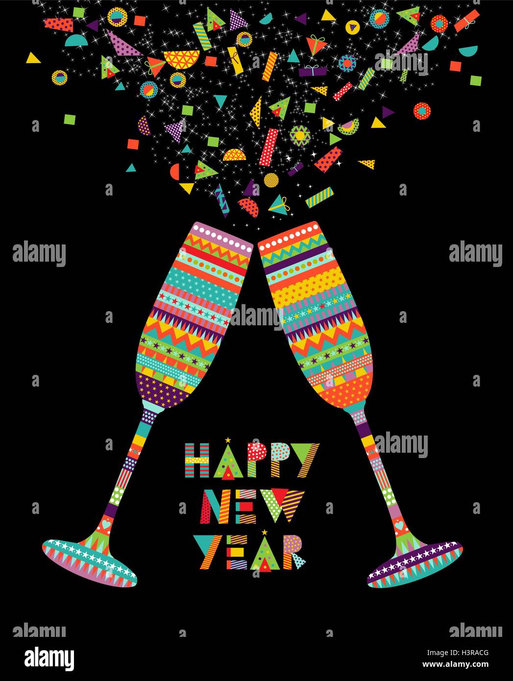 Fun Happy New Year card design with drink glass making toast and colorful decoration. EPS10 vector. Stock Vector