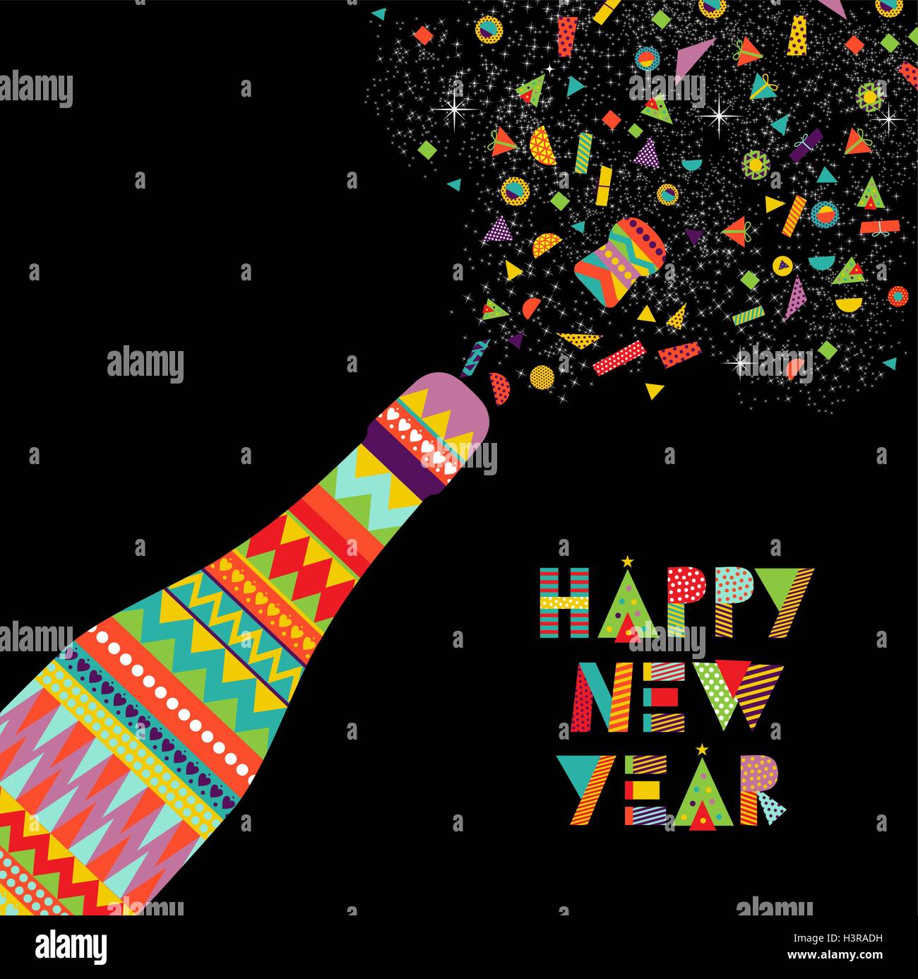 Fun Happy New Year card design party bottle making toast and colorful decoration. EPS10 vector. Stock Vector